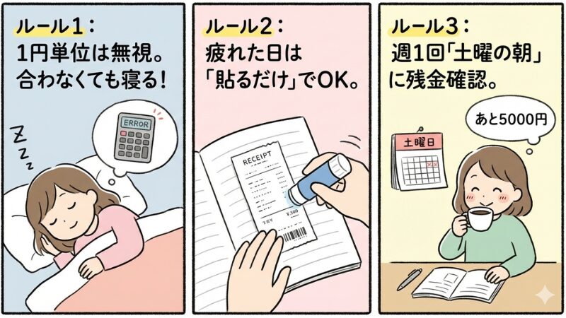 家計簿を継続するための3つのルール（1円単位無視、レシート貼るだけOK、週末前の残金確認）をコミカルに描いた3コマ漫画。