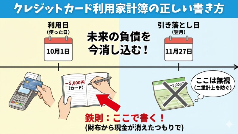 クレジットカードの「利用日」と「引き落とし日」のタイムライン図解。「利用日」に家計簿に記入し、「引き落とし日」は無視するというルールを解説。