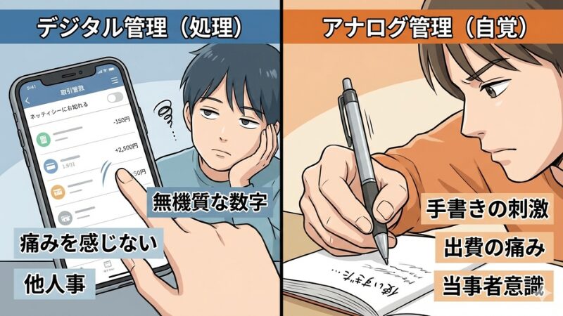 スマホアプリでの「痛みを感じない」デジタル管理と、手書きノートでの「出費の痛み」を感じるアナログ管理を対比させたイラスト。