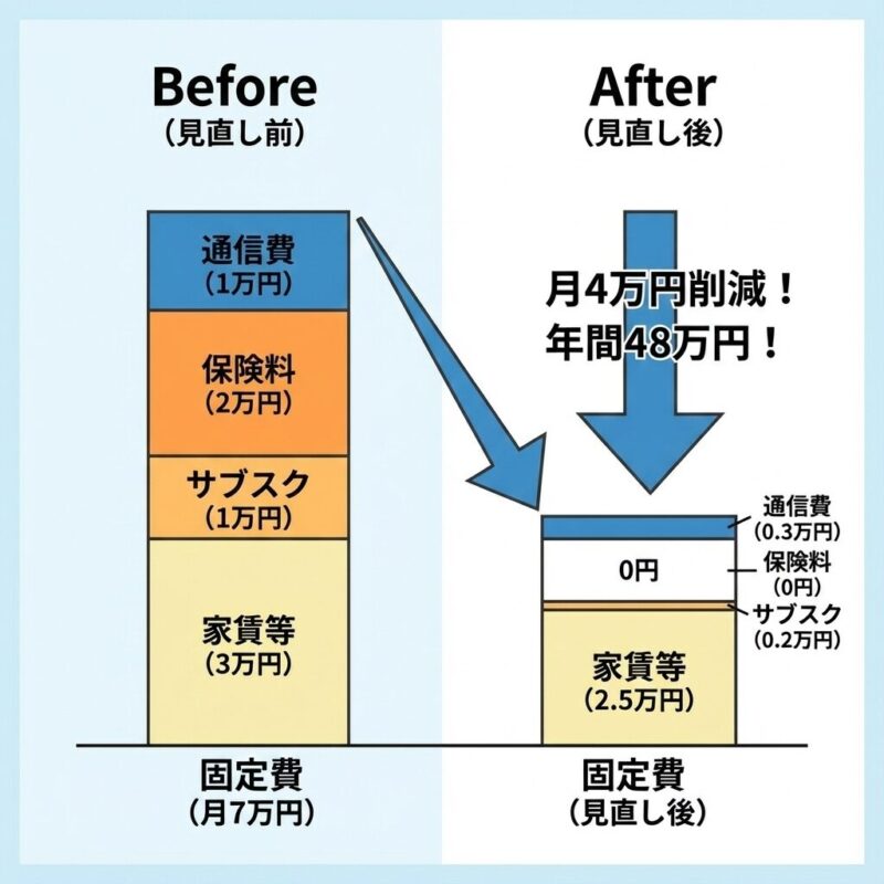 固定費見直し前後の年間支出を比較したグラフ。通信費・保険料・サブスク削減で年間48万円削減できた例