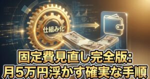 歯車が噛み合いお金が自動的に財布へ流れる3Dイラスト。固定費削減の仕組み化と経済効果。