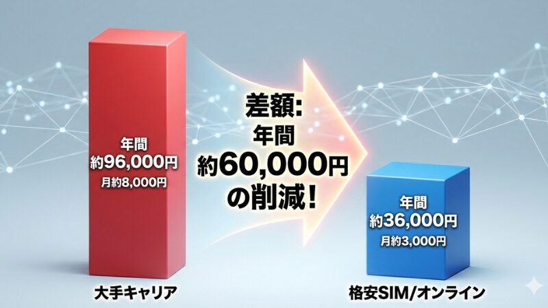 大手キャリアと格安SIMの年間スマホ料金比較棒グラフ。乗り換えによる約6万円の節約効果。