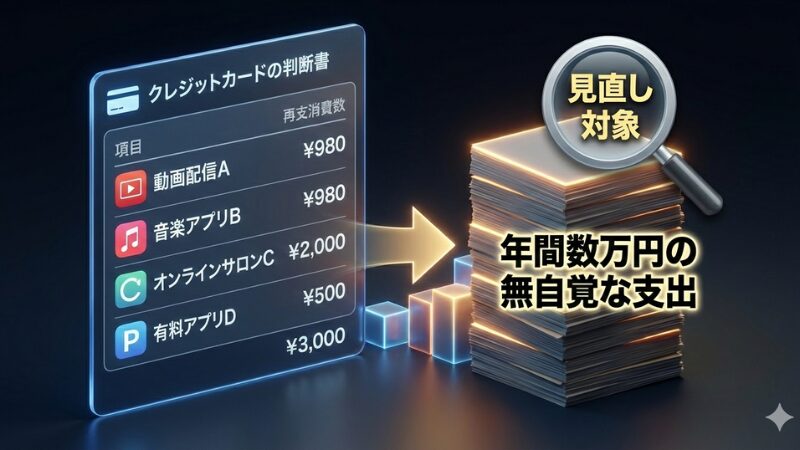 クレジットカード明細に積み重なる不要なサブスクリプション費用と合計金額のイメージ図。