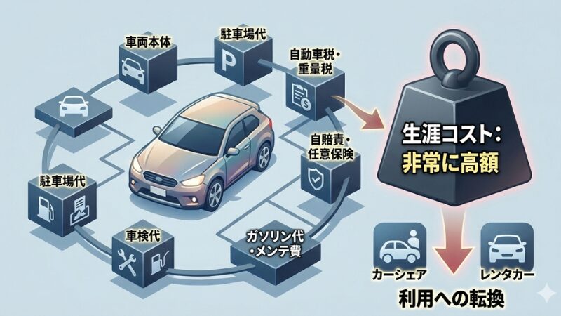 車両本体・税金・保険・駐車場代・ガソリン代など車の維持費内訳と生涯コストの積み上げグラフ。