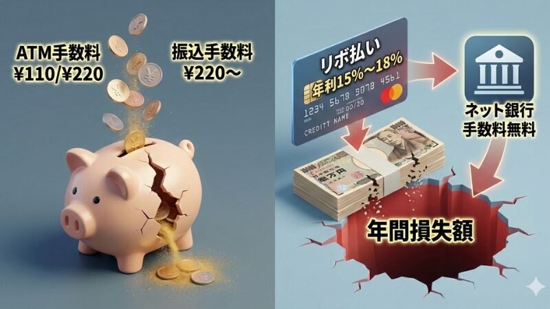 コンビニATM手数料とリボ払いが資産（貯金箱）を減少させるイメージイラスト。