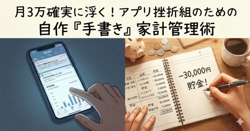 スマホの家計簿アプリから手書きの大学ノートへ移行し、「-30,000円 貯金！」と書き込む様子を描いたアイキャッチ画像。