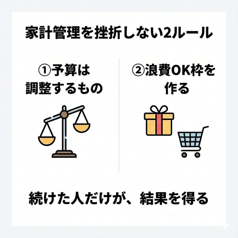 家計管理を継続するための2つのルールを示したシンプルな図解