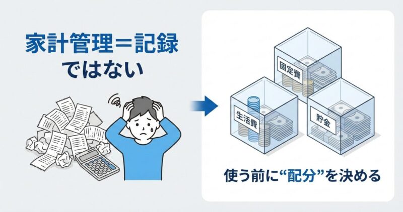 家計管理は記録ではなく、固定費・生活費・貯金に配分する考え方を示した図解