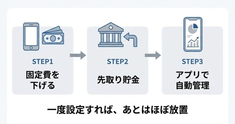 固定費見直し・先取り貯金・家計簿アプリ連携の3ステップを示した家計管理の流れ図