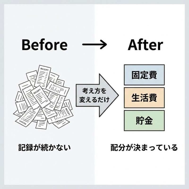 家計管理の考え方を、記録中心のBeforeと配分中心のAfterで比較した図解