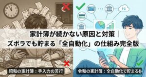 家計簿が続かない原因と対策のアイキャッチ画像。左側はレシートに埋もれて苦悩する昭和の家計簿、右側はスマホで自動化された令和の家計簿のイラスト。