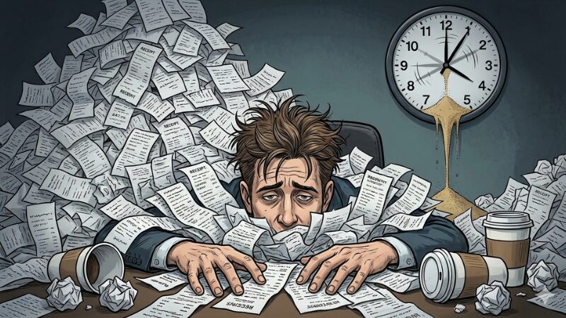 大量のレシートの山に埋もれ、絶望的な表情で机に突っ伏している人物のイラスト。背景の時計からは砂が流れ落ち、時間が浪費されている様子が描かれている。