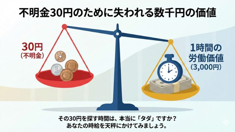 天秤のイラスト。左側の皿にはたった「30円」の小銭が乗り、右側の皿には「1時間の労働(価値3,000円)」という重りが乗っている。天秤は圧倒的に右側(時間の価値)に傾いている。