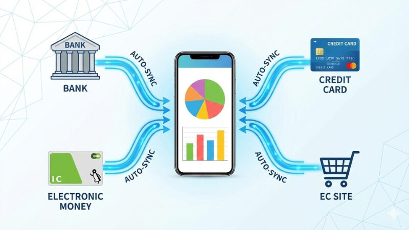 中央のスマートフォンに向かって、銀行、クレジットカード、電子マネー、ECサイトのアイコンから自動的にデータの矢印が流れているインフォグラフィック。スマホ画面には支出のグラフが表示されている。