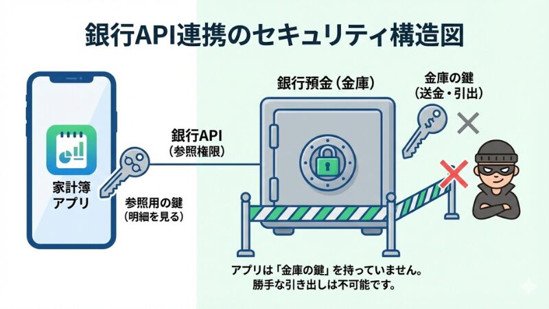 「API連携」の仕組みを解説する図。家計簿アプリが持っているのは「参照用の鍵(メガネのアイコン)」だけであり、銀行預金を動かすための「金庫の鍵(送金パスワード)」は持っていないことを対比させている。ハッカーがアプリを攻撃しても、金庫(預金)は開けられないことを示すバリアが描かれている。