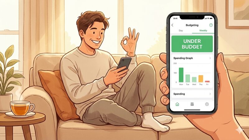 リビングのソファでリラックスしながらスマホの家計簿アプリを確認し、OKサインを出している男性のイラスト。アプリ画面には「UNDER BUDGET」と表示されている。