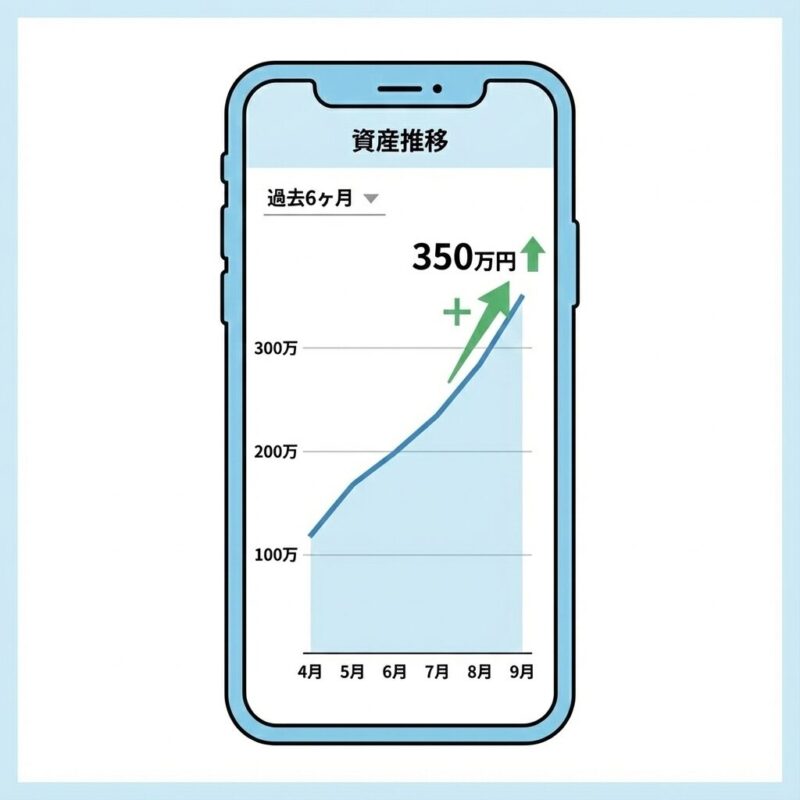マネーフォワードMEで確認できる資産推移グラフの例。固定費削減と家計管理で資産が右肩上がりに増えている