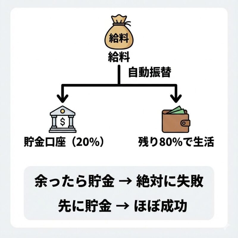 給料から自動振替で貯金と生活費に分ける先取り貯金の仕組みを示した図解