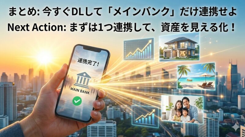 スマホでメインバンクを連携し、資産が見える化されたことで、マイホームや旅行などの豊かな未来が広がる様子を描いたイメージ画像。