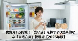 整理された冷蔵庫の前でスマートフォンを見て微笑む女性と、1万円札が詰まった豚の貯金箱のイラスト。