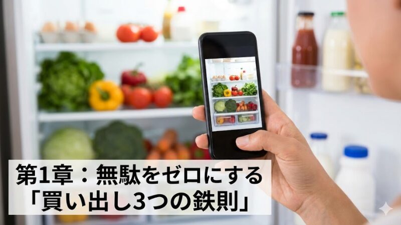 開いた冷蔵庫の前で、スマートフォンで庫内の写真を撮影している様子。