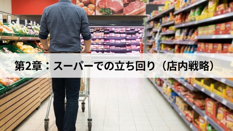 スーパーの野菜売り場から肉売り場へ、脇目も振らずにカートを押して進む男性の後ろ姿。右側のお菓子コーナーは少しボケている。