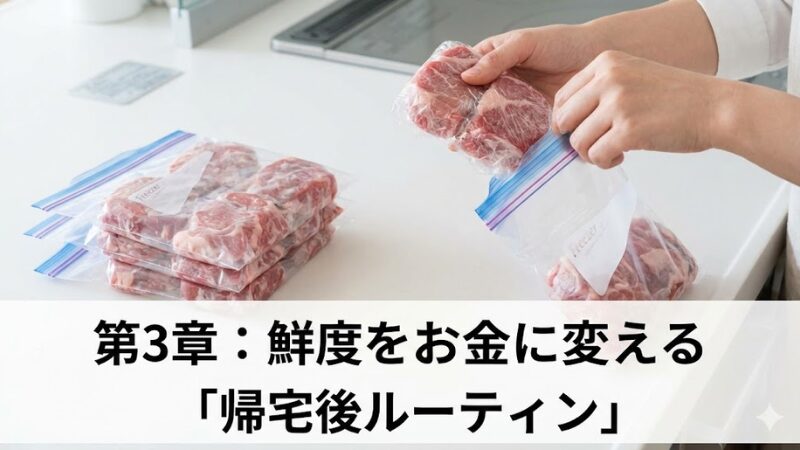 キッチンで、買ってきた肉を小分けにしてラップに包み、フリーザーバッグに入れ即冷凍の準備をしている手元の写真。