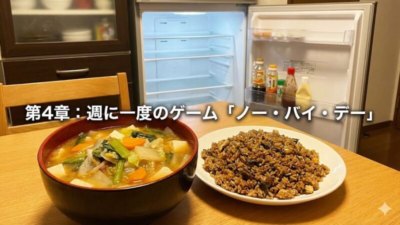 食卓に並んだ具沢山の味噌汁とチャーハン。その奥には、中身がほとんど空になった冷蔵庫が開いた状態で写っている。