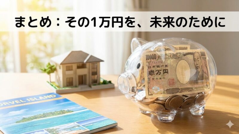 1万円札と小銭が入った透明な豚の貯金箱。その横には家の模型と南の島の旅行パンフレットが置かれている。