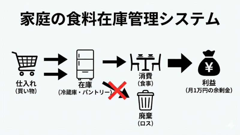 「家庭の食料在庫管理システム」というタイトルのインフォグラフィック。「仕入れ」→「在庫」→「消費」→「利益」の流れと、「廃棄」がバツ印で塞がれている図。
