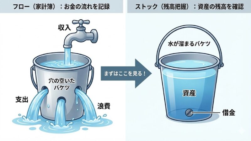 フロー（家計簿）を「穴の空いたバケツ」、ストック（残高把握）を「水が溜まるバケツ」に例えた比較図解イラスト。