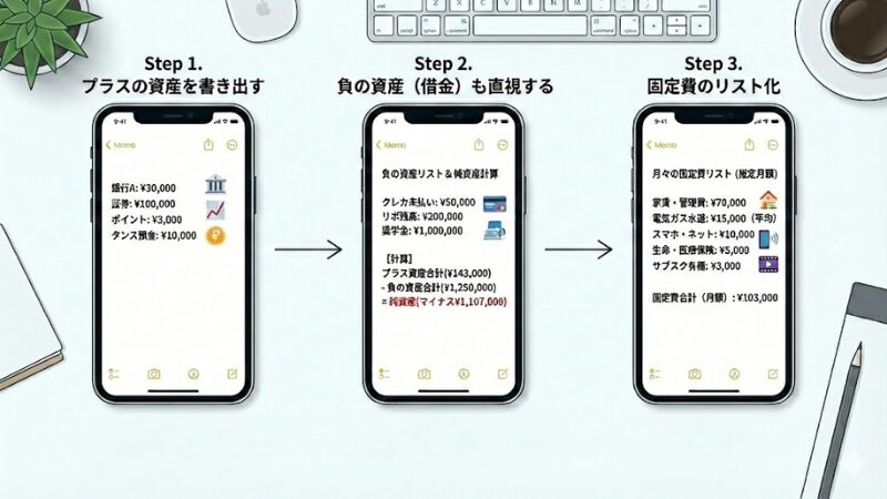 スマホを使った「総資産の棚卸し」3ステップ（プラス資産、マイナス資産、固定費）を示すフローチャートイラスト。