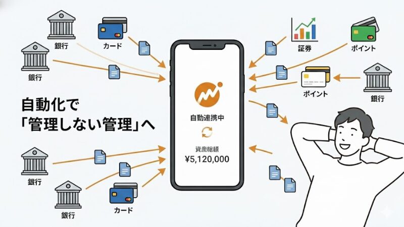 家計簿アプリが複数の銀行、カード、証券、ポイントと自動連携し、ユーザーが楽に資産管理をしている様子を示すイラスト。
