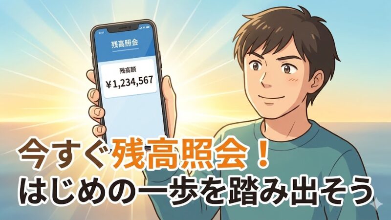 スマホで残高照会画面を見せて自信に満ちた表情の人物と、「今すぐ残高照会！はじめの一歩を踏み出そう」というメッセージのイラスト。