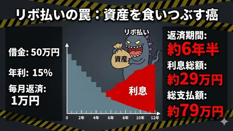 「リボ払いの罠：資産を食いつぶす癌」と題したインフォグラフィック。50万円の借金をリボ払いで返済した場合のシミュレーション結果（返済期間約6年半、利息総額約29万円）を警告色で強調表示。