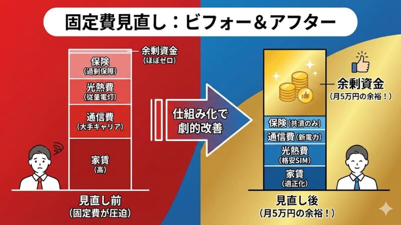 固定費の見直し前と後の比較図解。左側の赤い積み上げグラフは家賃などの固定費が大きく余剰資金が少ない状態。右側の青と金のグラフは固定費が圧縮され、「月5万円の余裕！」という大きな余剰資金が生まれている状態。「仕組み化で劇的改善」という矢印で繋がれている。