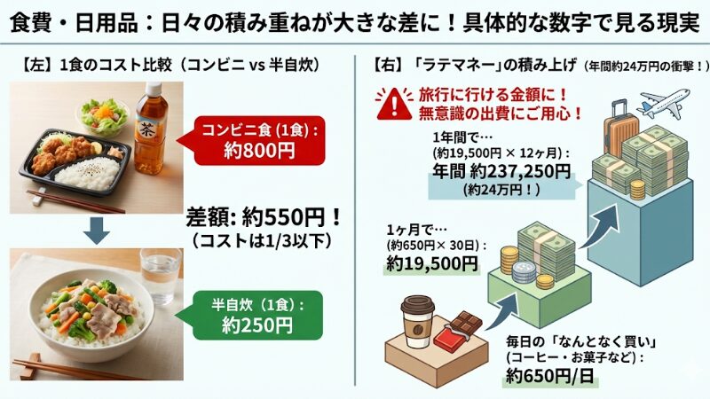 左半分はコンビニ食と簡単な半自炊の1食あたりのコストを比較した写真と数字。右半分は、毎日のコーヒーやお菓子などの小さな出費（ラテマネー）が1ヶ月、1年でどれだけの金額（年間約24万円）になるかを示す積み上げグラフの図解。