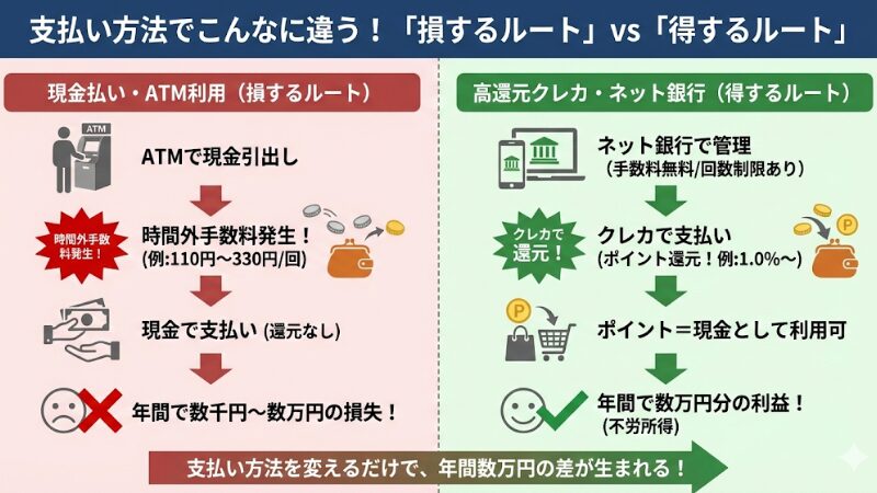 現金払い・ATM利用（赤色、手数料発生、還元なし）と、高還元クレカ集約・ネット銀行利用（緑色、手数料無料、ポイント獲得）のフローを対比させた図解。支払い方法を変えるだけで年間数万円の差が生まれることを示している。