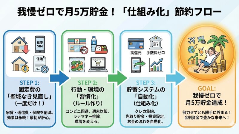 固定費の見直しから始まり、行動の習慣化、貯蓄の自動化を経て、最終的に「我慢ゼロで月5万貯金達成」というゴールに至るまでの「仕組み化節約フロー」を示したステップ図解。