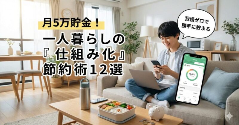 一人暮らしの男性がソファでスマホを見ながら笑顔でくつろいでいるイラスト。「我慢ゼロで勝手に貯まる」「月5万貯金！一人暮らしの『仕組み化』節約術12選」というタイトルテキストが配置されている。