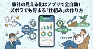 「家計の見える化はアプリで全自動！ズボラでも貯まる仕組みの作り方」というタイトルと、手書き家計簿に苦戦する人と自動化でリラックスする人を対比させたイラスト。