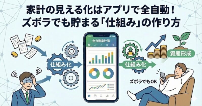 「家計の見える化はアプリで全自動！ズボラでも貯まる仕組みの作り方」というタイトルと、手書き家計簿に苦戦する人と自動化でリラックスする人を対比させたイラスト。