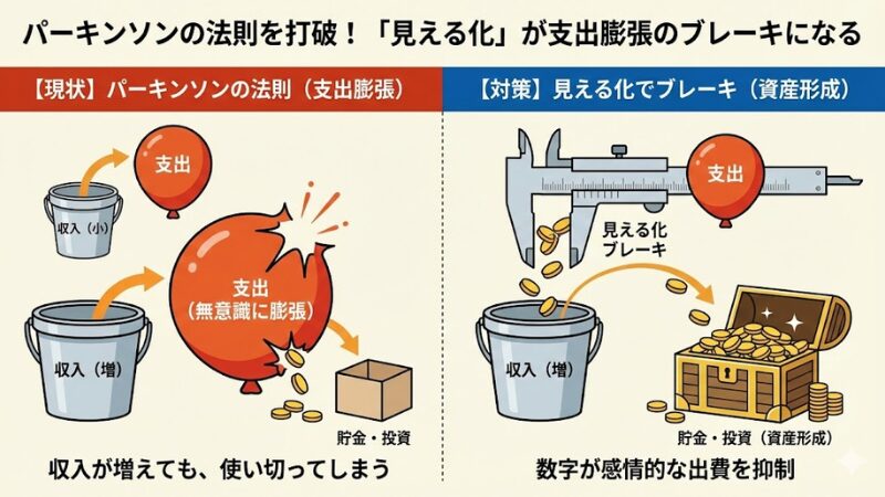 パーキンソンの法則の図解。収入が増えても支出が膨張して破裂する風船と、見える化によるブレーキ（ノギス）で支出をコントロールし、宝箱に資産が貯まる様子の比較。