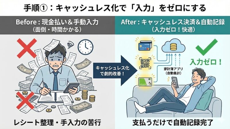 家計簿アプリ（マネーフォワード ME等）の仕組み図解。銀行、カード、証券、電子マネー、ポイントのデータがAPI連携でスマホに集約され、自動でグラフ化される様子。