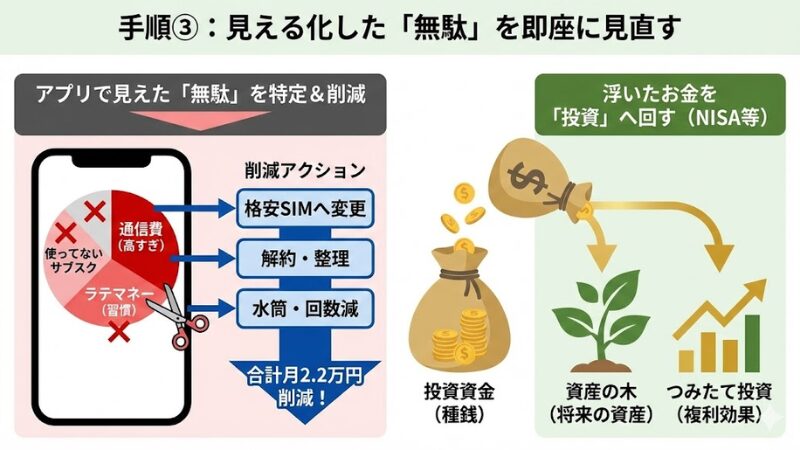 無駄削減から投資へのフロー図解。スマホ画面で通信費やラテマネーの無駄を特定・削減し、浮いた月2.2万円を投資資金（種銭）として資産の木へ注ぐ様子。