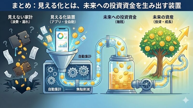 記事全体のまとめ図解。見えない家計の浪費が、見える化装置（アプリ）を通ることで無駄が削減され、投資資金（種銭）となり、最終的に未来の資産の木を大きく育てる循環システム。