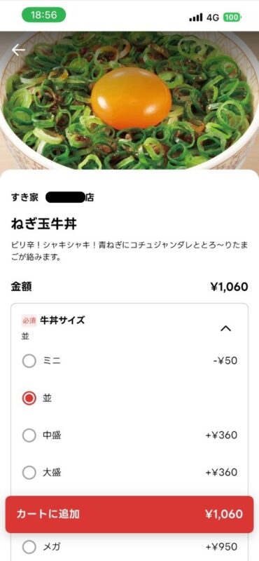 ねぎ玉牛丼のサイズなどを選ぶオプション画面